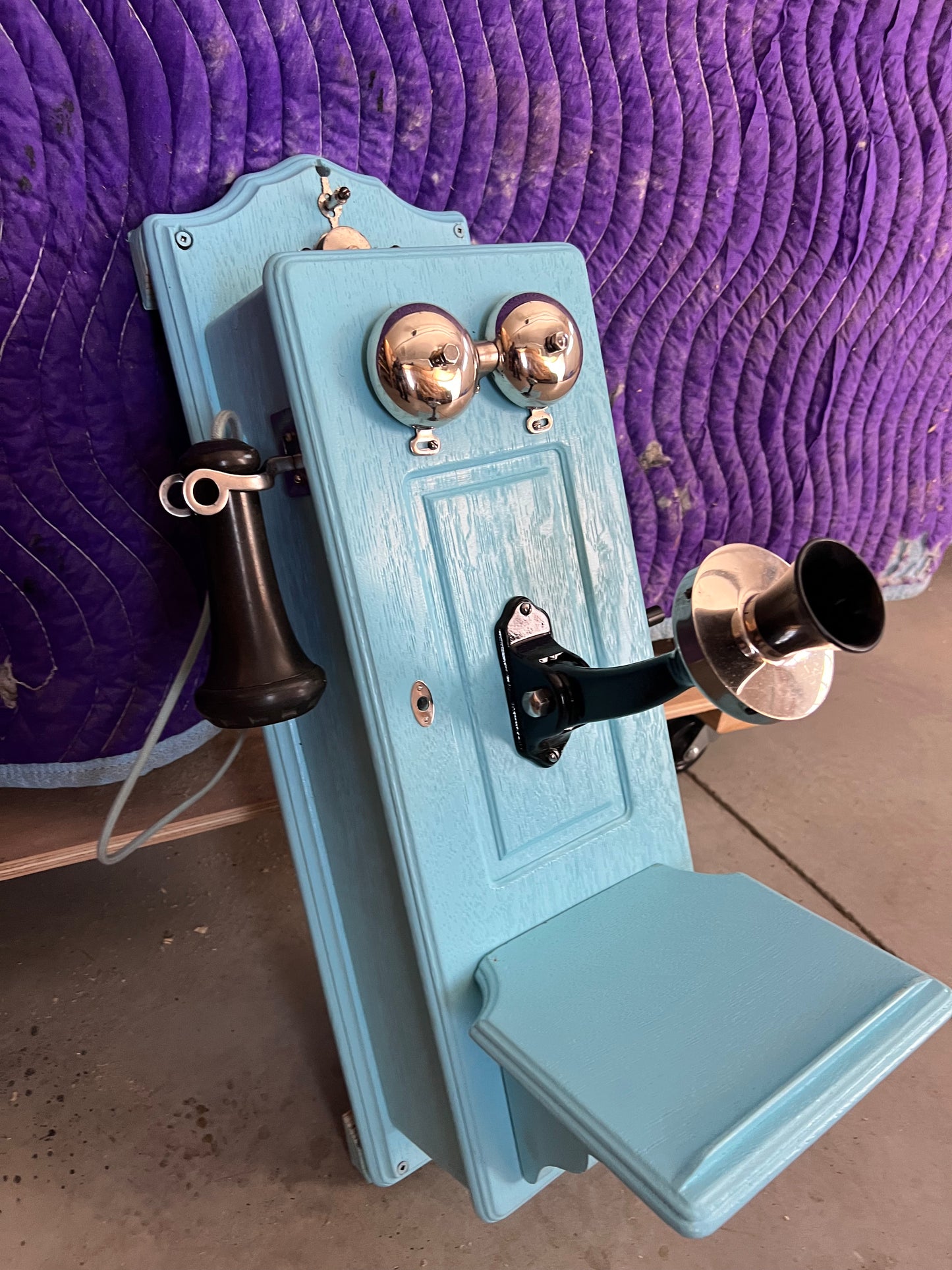 Aqua Blue Wood Wall Telephone - Vintage Farmhouse Decor