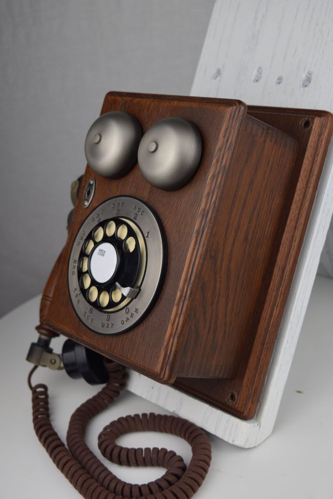 Reproduction Compact Wood Wall Phone with Rotary Dial