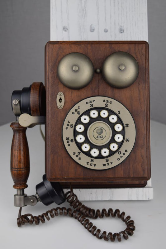 Reproduction Compact Wood Wall Phone with Rotary Touch Tone Dial