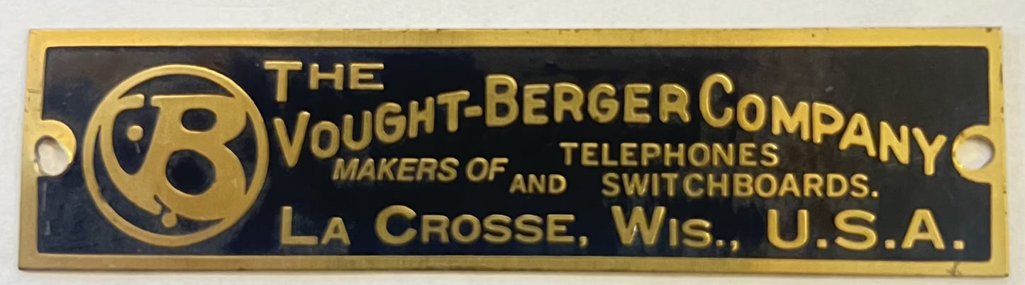 Brass Badge - Vought-Berger Telephone - Black Background - 3/4" x 3 1/4"