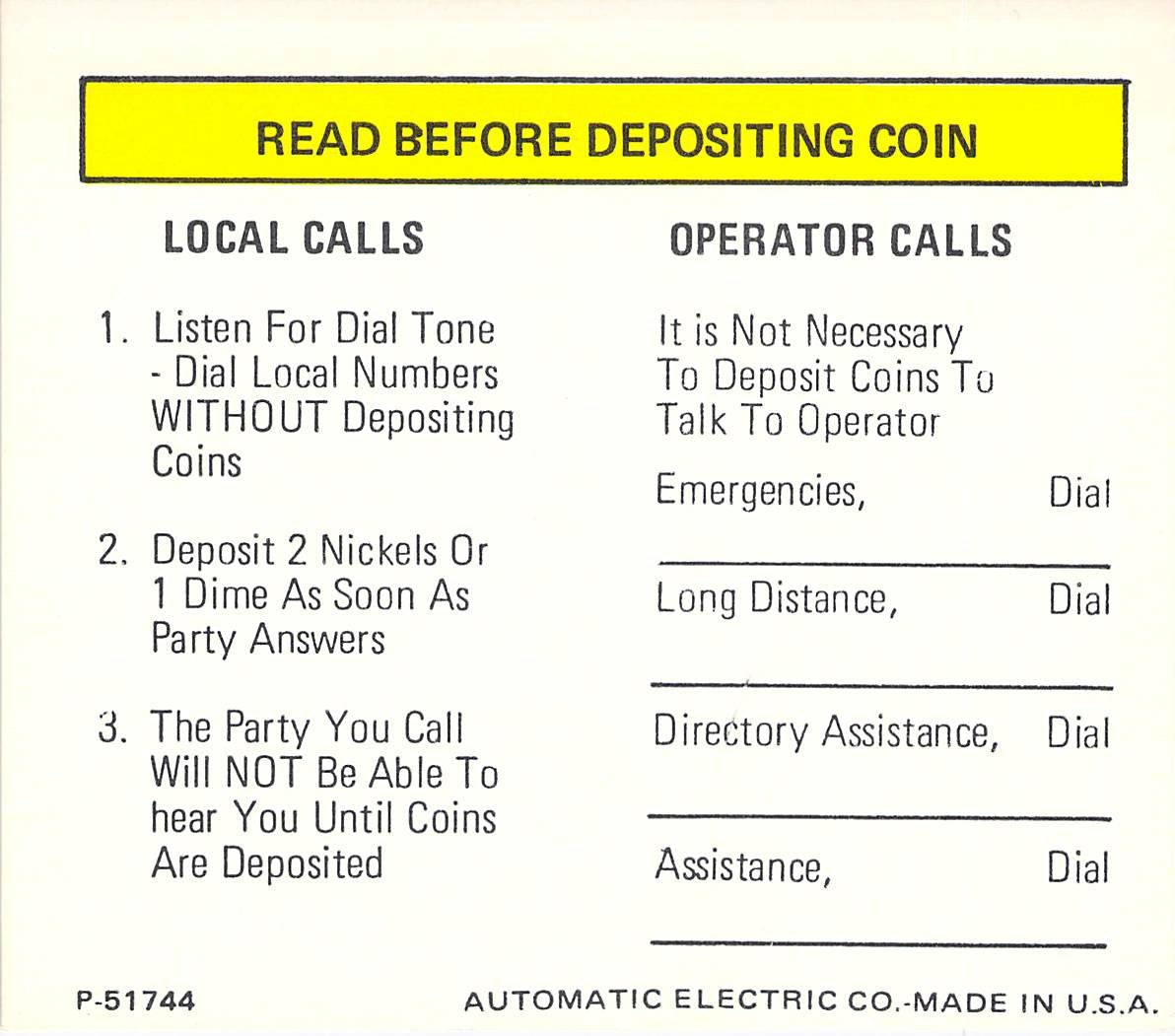 Payphone Instruction Card - White Card