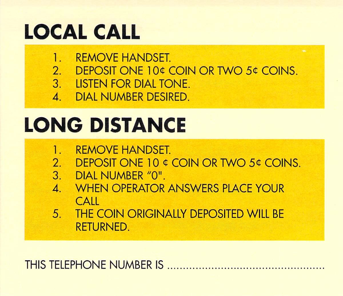 Payphone Instruction Card - Yellow Card